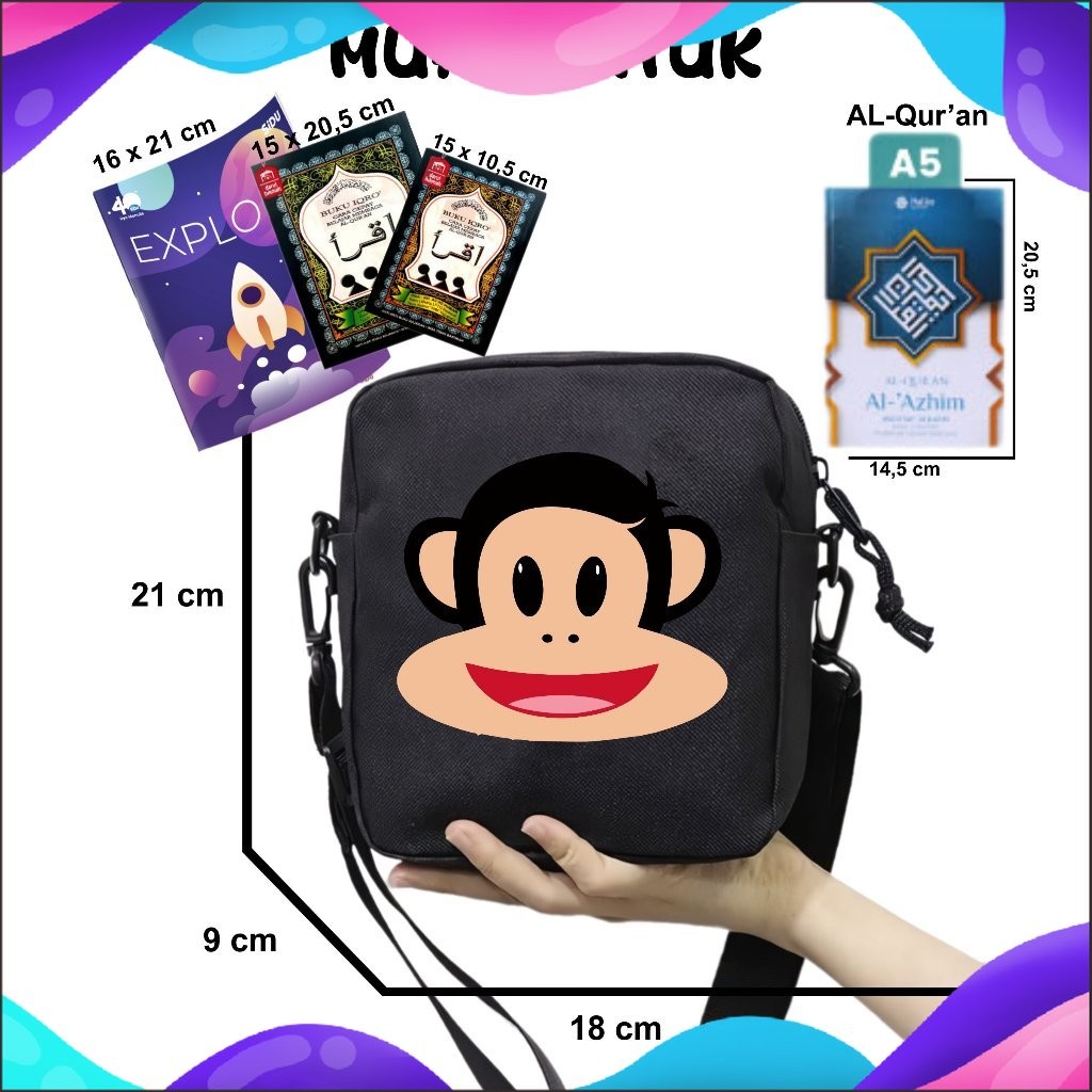 DNR Tas Anak Selempang Paul Frank Monkey Cocok Untuk Sekolah dan Mengaji Unisex Fashion Kids 24 A5