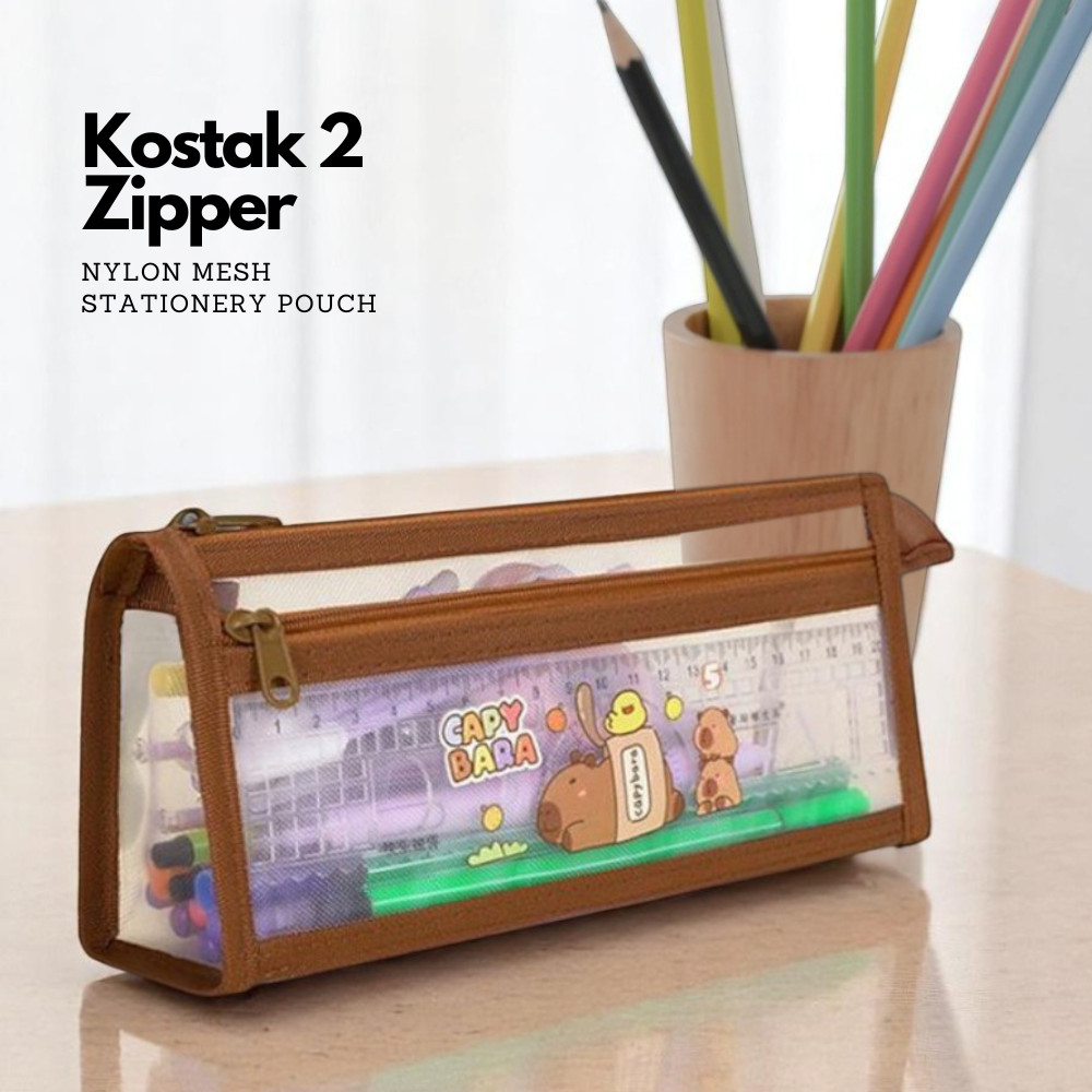 

Tempat Alat Tulis Make Up Kostak Segitiga A6 Serbaguna 2 Zipper Capybara Mesh Nylon Pouch JCTP90