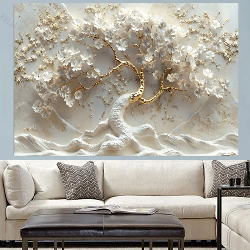 

3D White Flowers And Gold Branches On Canvas,Relief Sculpture Style Poster Home Decor Painting,Wall Art Pictures Unframed