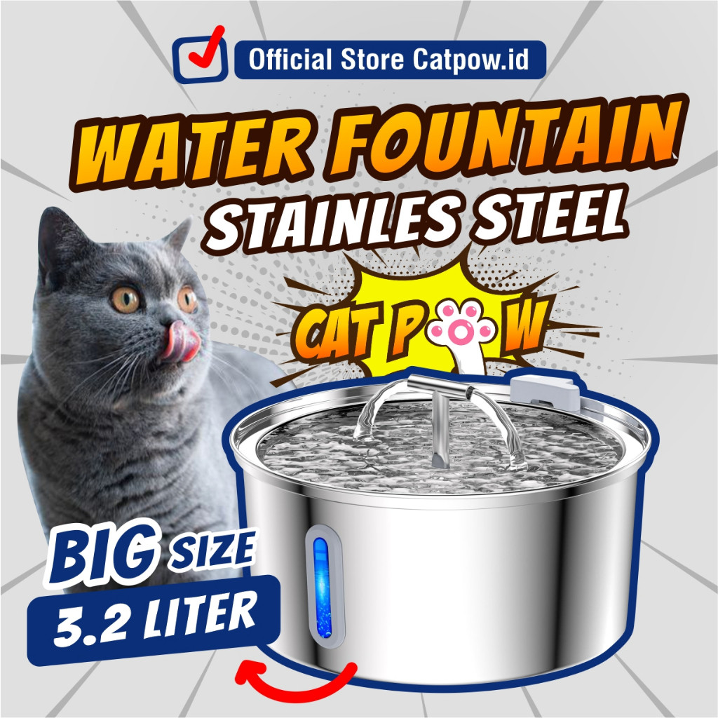 CATPOW Water Fountain Stainless Steel Tempat Minum Kucing Air Mancur Water Dispenser Air