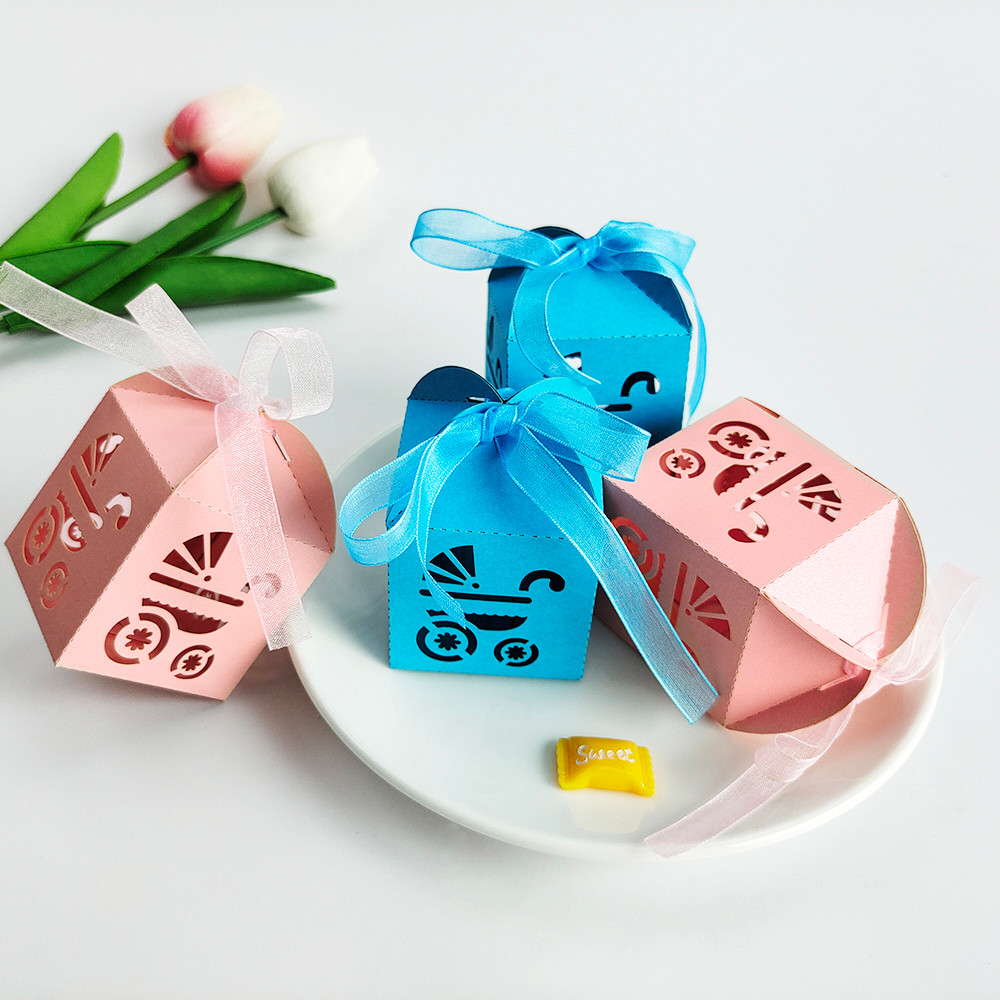 

10Pcs Gender Reveal Gift Candy Packing Box Hollow Pink Baby Car Biscuit Box for Wedding Gender Reveal Party Decoration