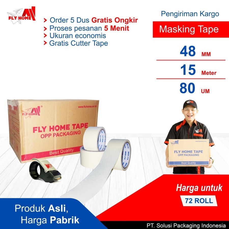 

FLYHOME Lakban kertas 1 dus 48mm x 15meter 72 roll masking tape ukuran Full Cargo