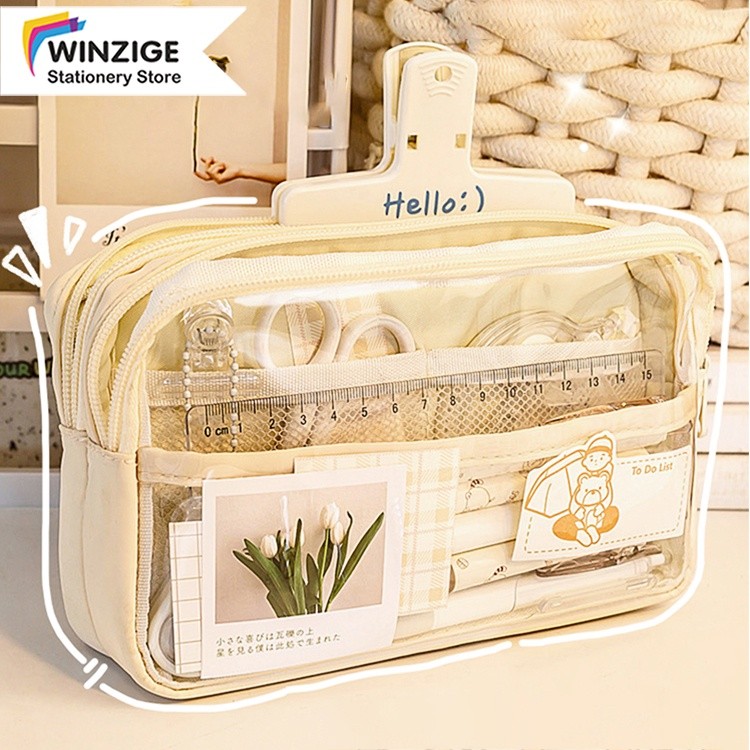 

6.6 Winzige kotak pensil transparan aesthetic pencil case large tempat pensil pen pouch lucu stationery organizer