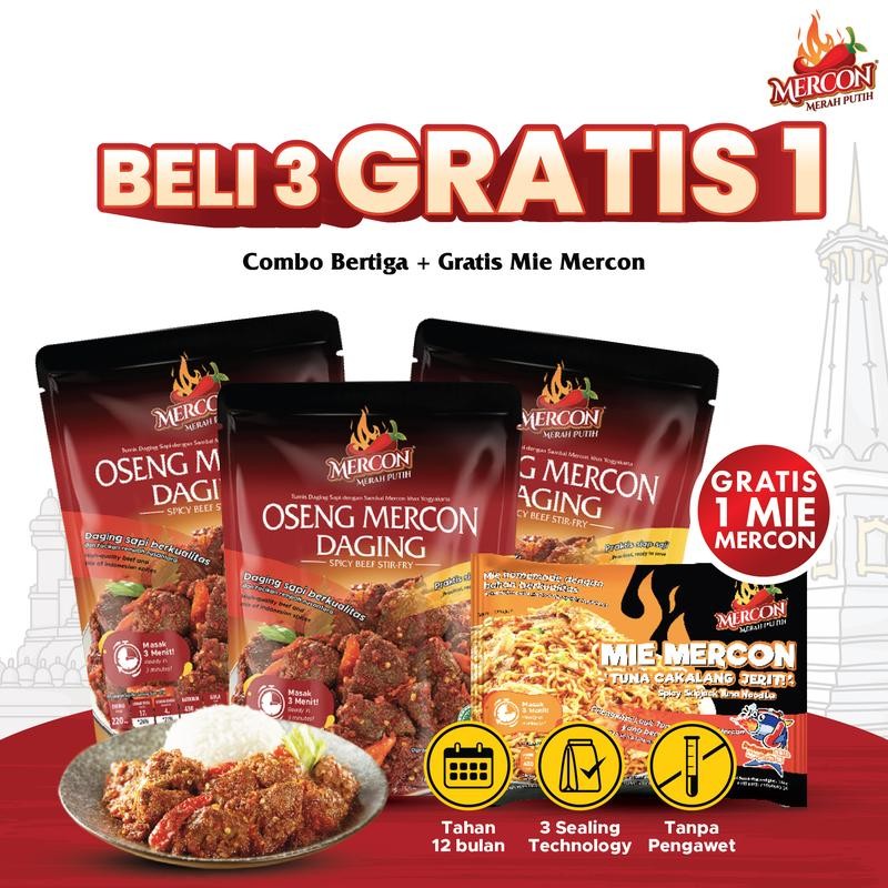 

[ BELI 3 GRATIS 1 ]-[ Hanya Di Live ] Mercon Merah Putih - Combo Bertiga 3 Pack Oseng Mercon Daging / Makanan Kaleng Siap Saji / Iga Mercon / Sambel Iga Food Instan Pedas + GRATIS MIE MERCON CKALANG