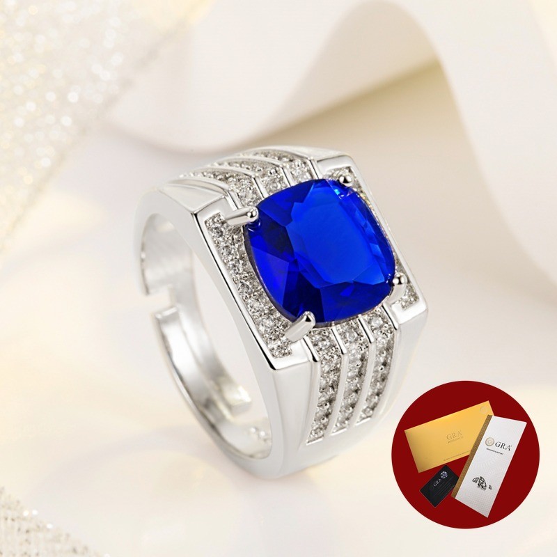 (Free Gra Certificate) Cincin Berlian Tiga Lapisan Permata Biru Moissanite Pria 5 Karat