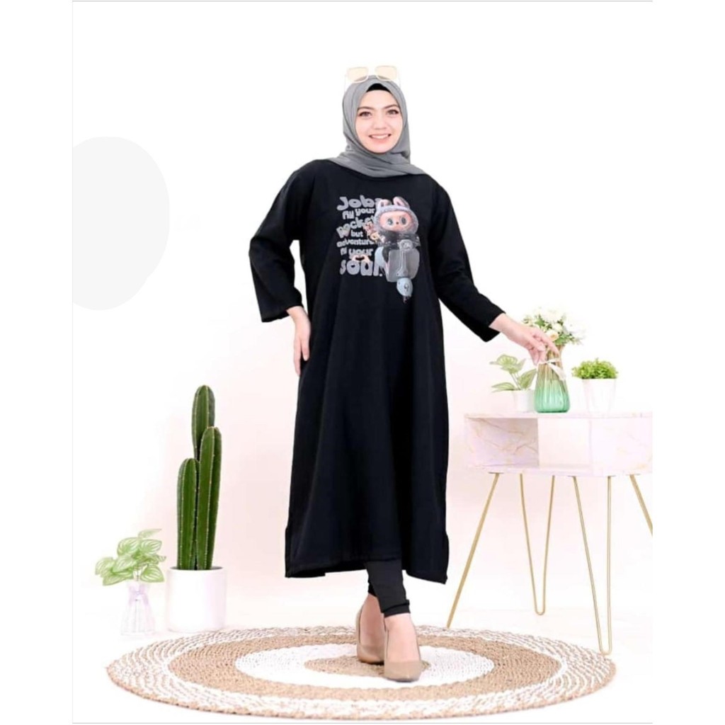 Baju Gamis Casual Wanita Dewasa Model Midi Dress Labubu Skuter Viral Terlaris Jeans Denim Black Sand