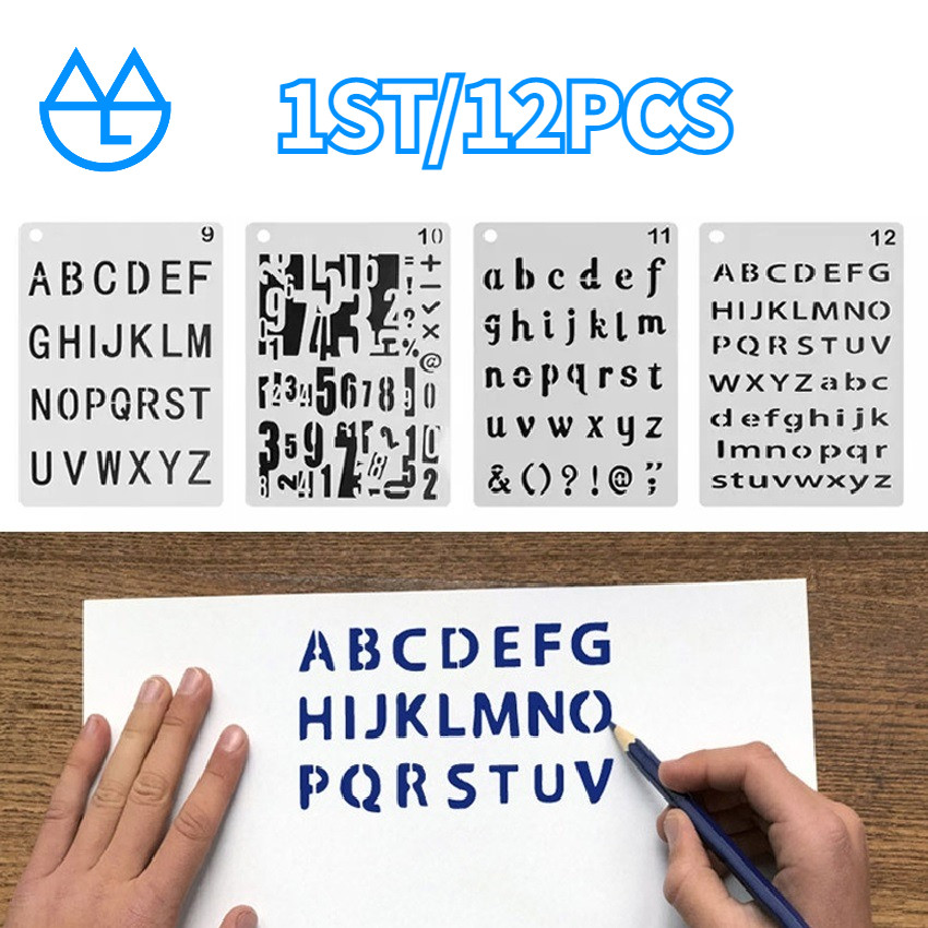 

12Pcs/Set Mewarna Bentuk-Bentuk Huruf Dan Angka/Stensil Huruf/Symbol Hollow Drawing/Penggaris Sablon