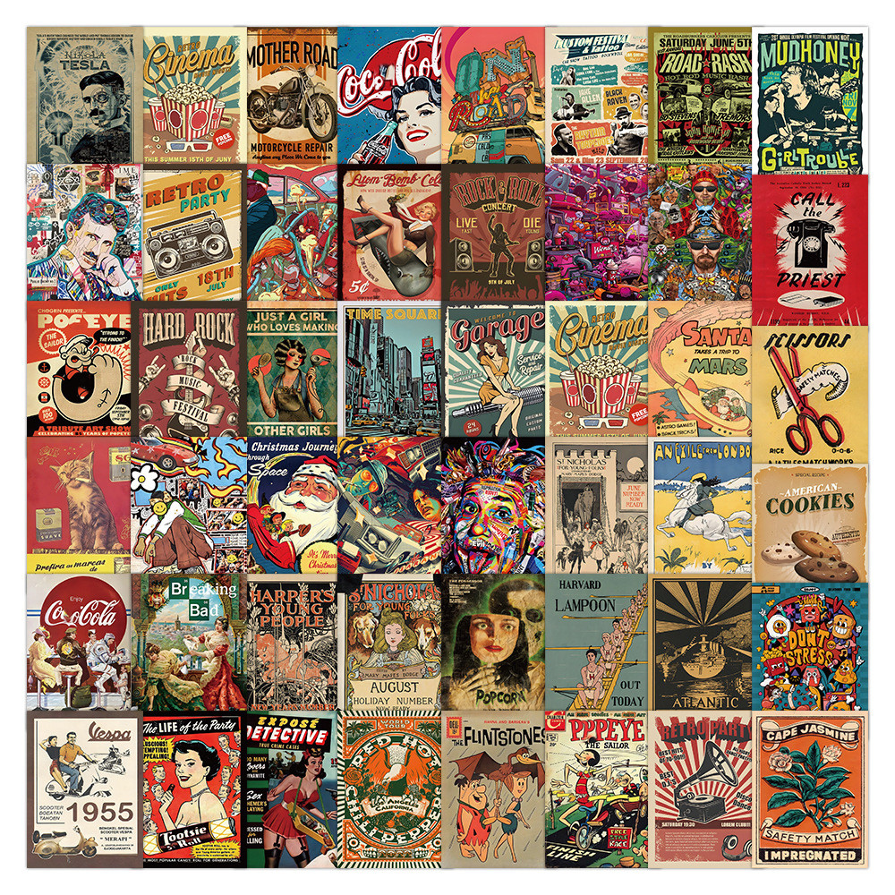 

10/30/60PCS Retro American Style Vintage Poster Cartoon Stickers DIY Laptop Luggage Skateboard Graffiti Decals Fun for Kid Gift