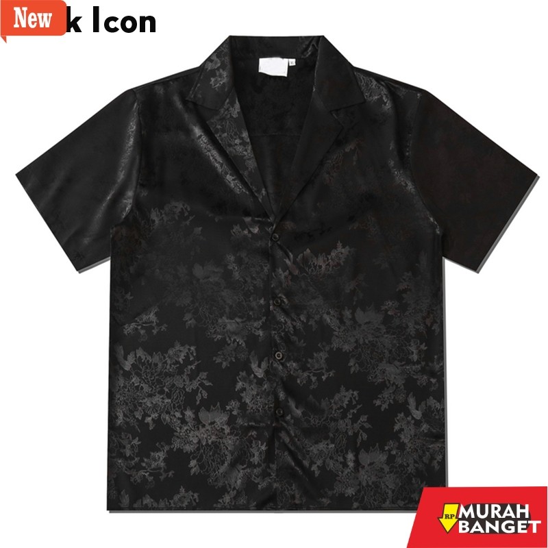 Kemeja formal pria Dark Icon Kemeja Hitam Satin Pria Lengan Pendek Vintage Kemeja Cowok Oversize Shi