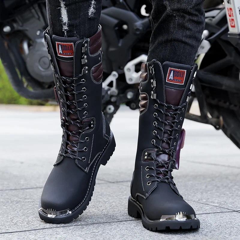 Fashion Punk Motorcycle Boots Men Boots Winter High Heel Casual Lace-up Leather High Black Biker Sol
