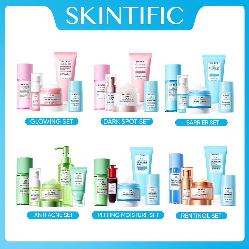 SKINTIFIC 5pcs Paket-Skincare Set | Moisturizer+Serum +Toner+ Sunscreen+ Cleanser paket lengkap Seru