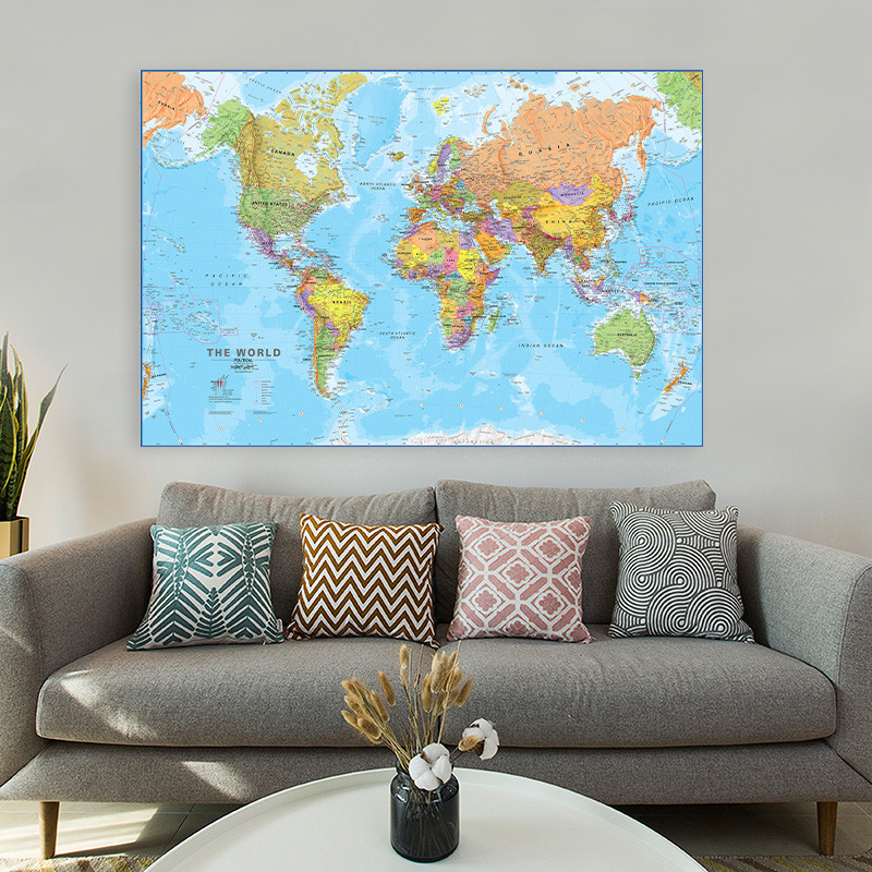 

150*100cm World Map Detailed Wall Poster Clear Printed Canvas Painting Decorative Hanging Picture Office Home School Supplies