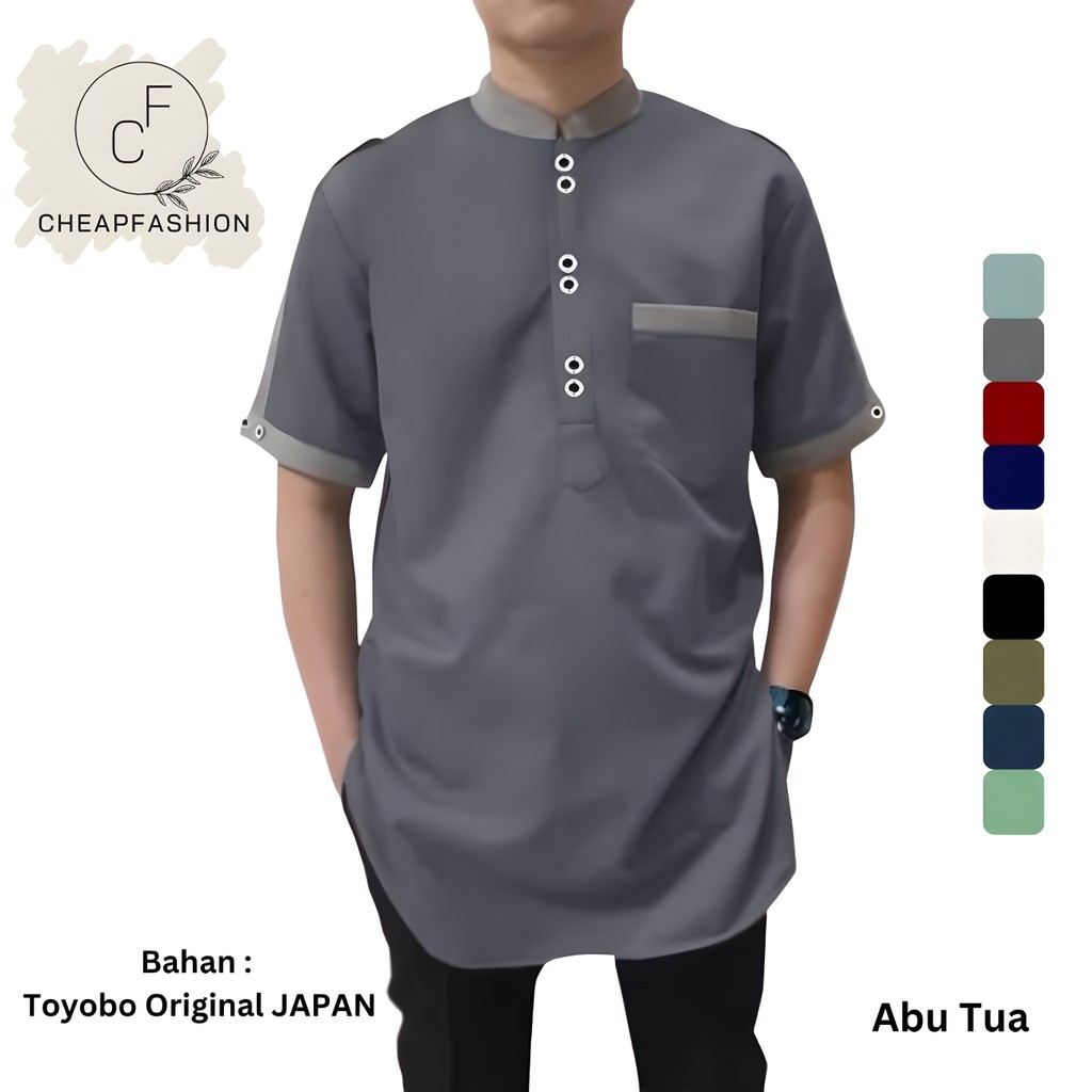 CF Koko Zaka Lengan Pendek TOYOBO ORIGINAL, Baju  Lebaran Pria Muslim Bahan Toyobo FODU Ori -Abu Tua
