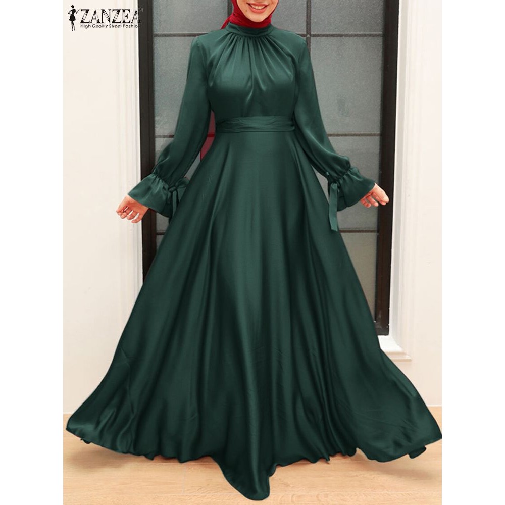 2023 ZANZEA Spring Women Satin Sundress Muslim Maxi Dress Long Sleeve Solid Dubai Turkey Abaya Hijab