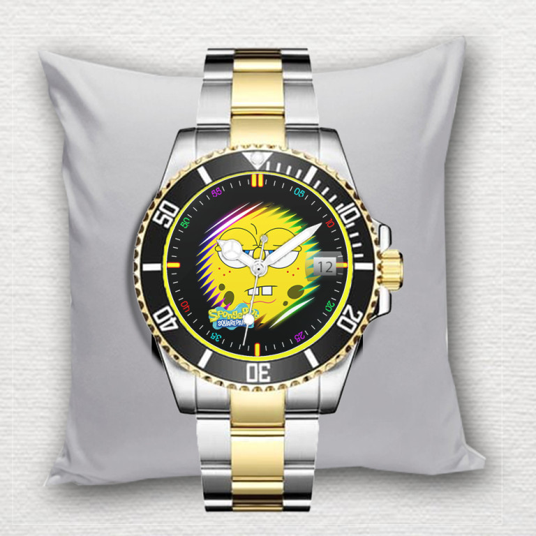 Jam Tangan Pria SPONGEBOB Tanggal Stainless Steel Perak Silver Gold  Dewasa Custom Terlaris Elegan 0