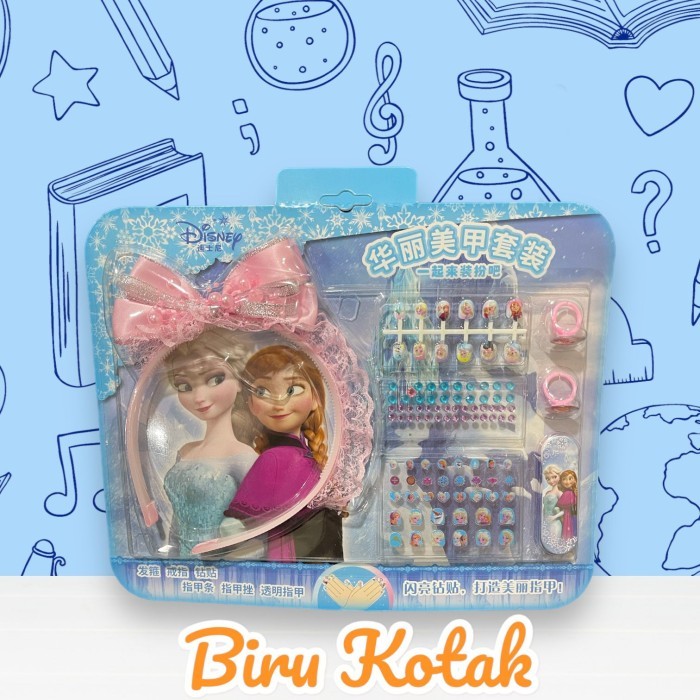 Set Nail Art Sticker Mainan Anak Kalung Cincin Bando Aksesoris Princes - BIRU BULAT