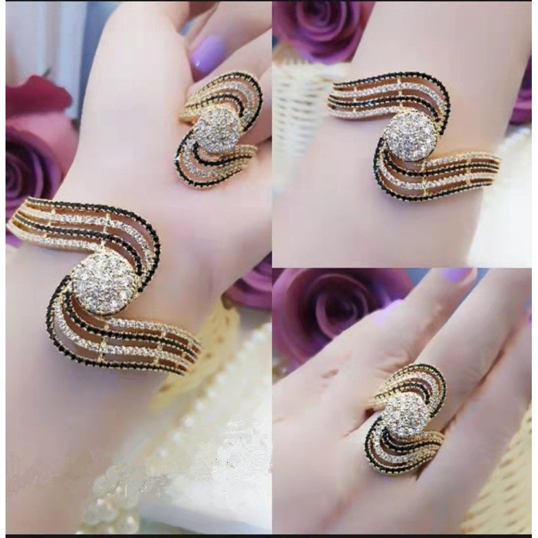 Set Perhiasan Xuping Gelang Dan Cincin Permata putih/hitam Lapis Emas