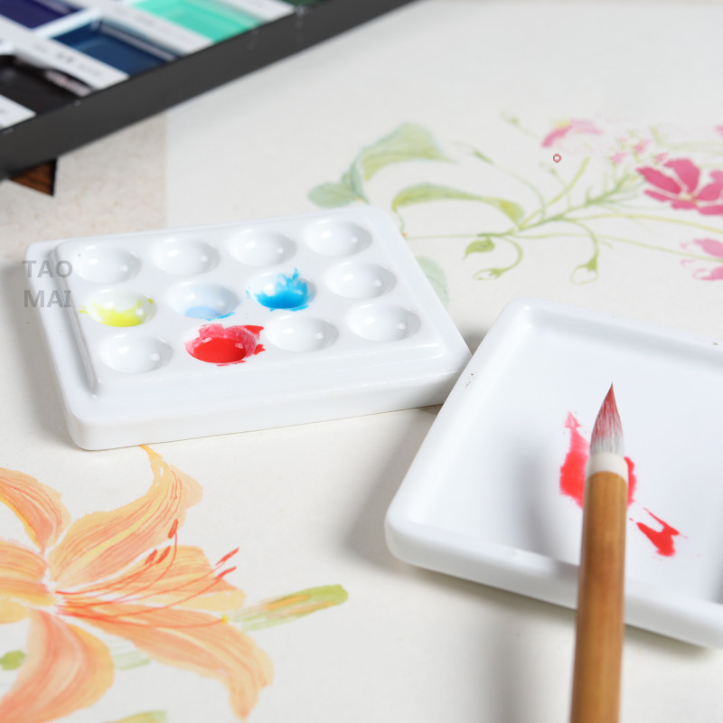 

Ceramic Mini Moisturizing Palette with Lid 12-hole Grid Watercolor Paint Palette Handmade White Porcelain Art Painting Tools
