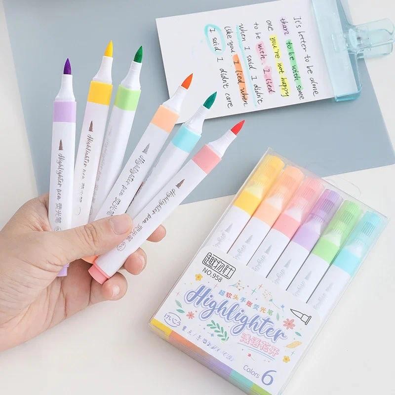 

6 Colors Pastel Highlighters Set Soft Tip Bullet Journal Pens Study Note Taking Drawing Doodling Quick Dry Eye-friendly Markers