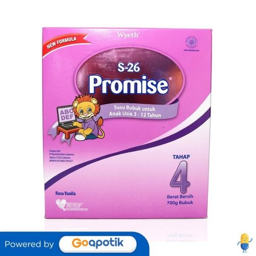 

S-26 Promise 4 Susu Bubuk Usia 3-12 Tahun Rasa Vanilla 700 Gram Dus