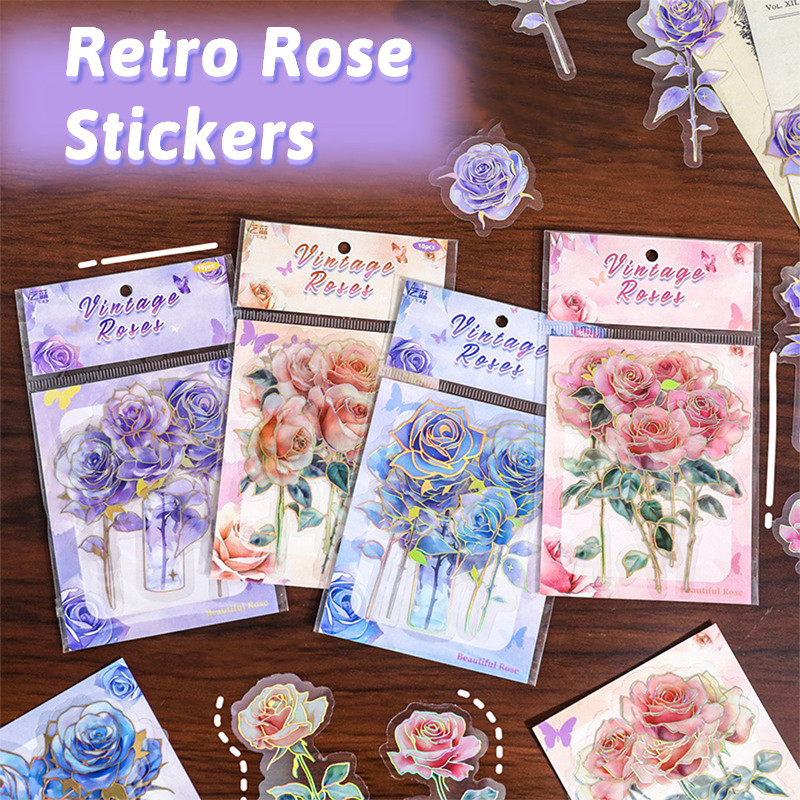 

40PCS Flowers Retro Romantic Red Rose Graffiti Stickers PVC Decorative Adhesive Sticker DIY Craft Rose Clear Stickers