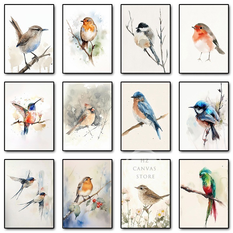 

Bird Chickadee Robin Watercolor Poster and Print Bird on Branch Canvas Painting Minimalist Wall Art Picture for Room Home Decor
