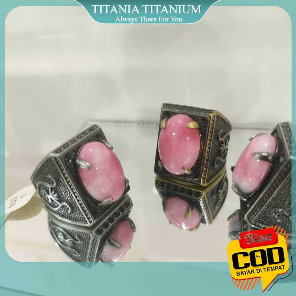 TITANIA [COD]. Cincin Batu Akik Borneo, Warna Pink Motif Cantik dengan Ring model Titanium Hitam