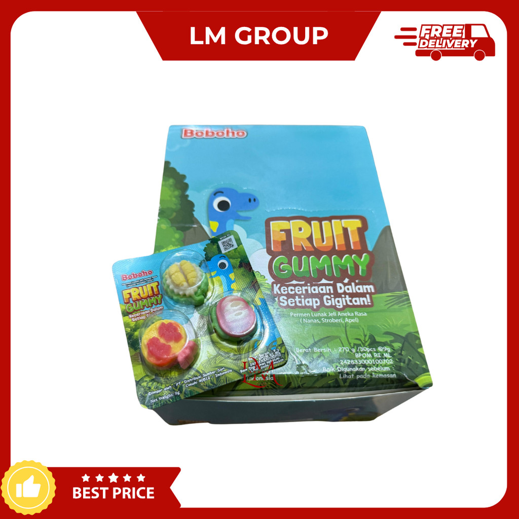 

Fruit Gummy Boboho Permen Jeli Aneka Rasa (Nanas Stroberi Apel) 1 Pack isi 30 pcs 9gr
