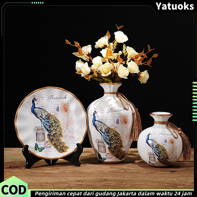 Vas Keramik/Dekorasi Vas Bunga Blossom Putih Eropa RetroSet 3 PCS - Pajangan Hiasan 3IN1 Decor Klasi