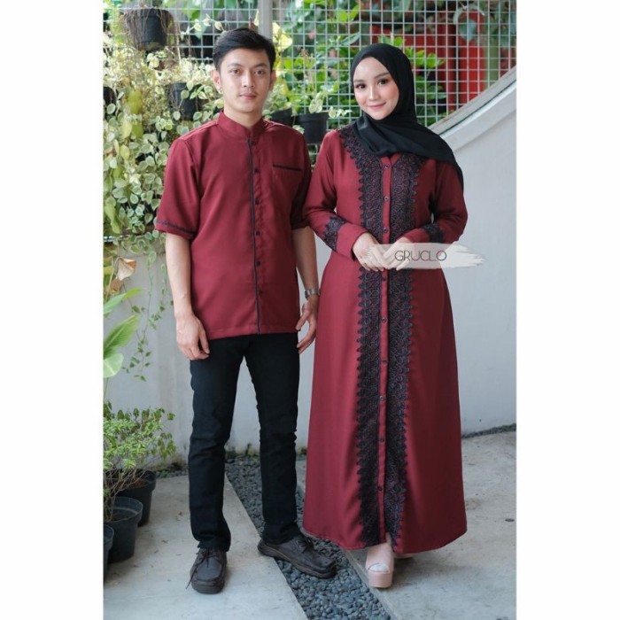✨WY.SY✨ -TERBARU Baju Gamis Couple Busui Brukat Brokat Polos Jumbo KIRANI Warna Maroon - 1Jilbab Bel