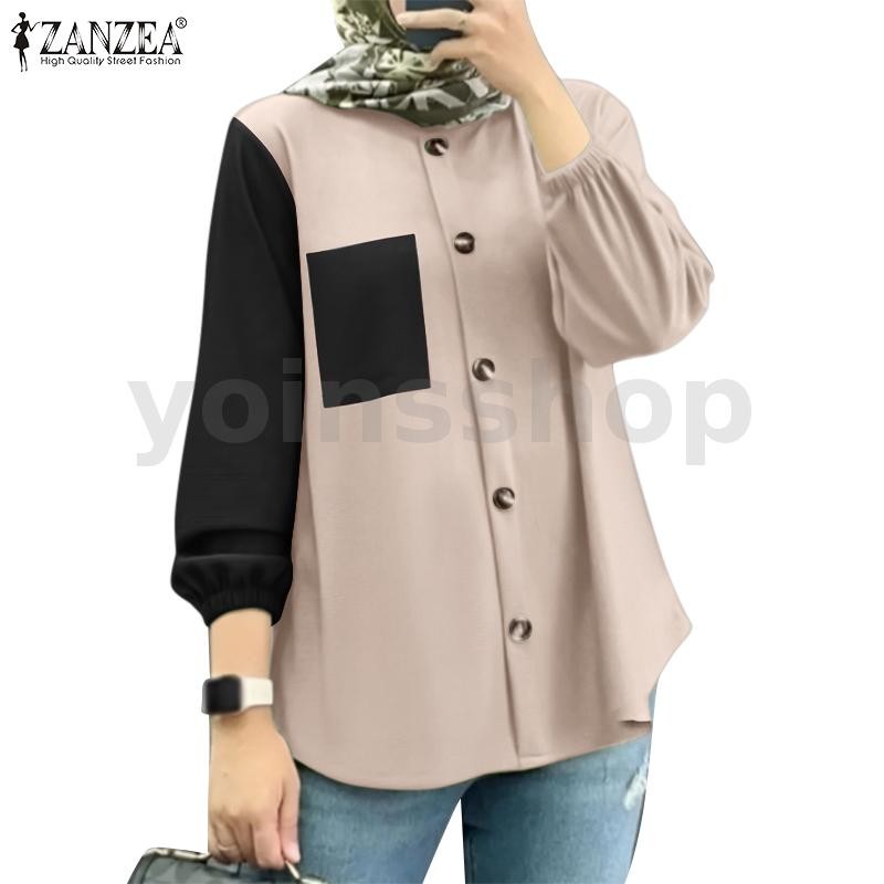 ZANZEA  Womens Casual Patchwork Muslim Lantern Sleeves Ribbon Blouse Presale