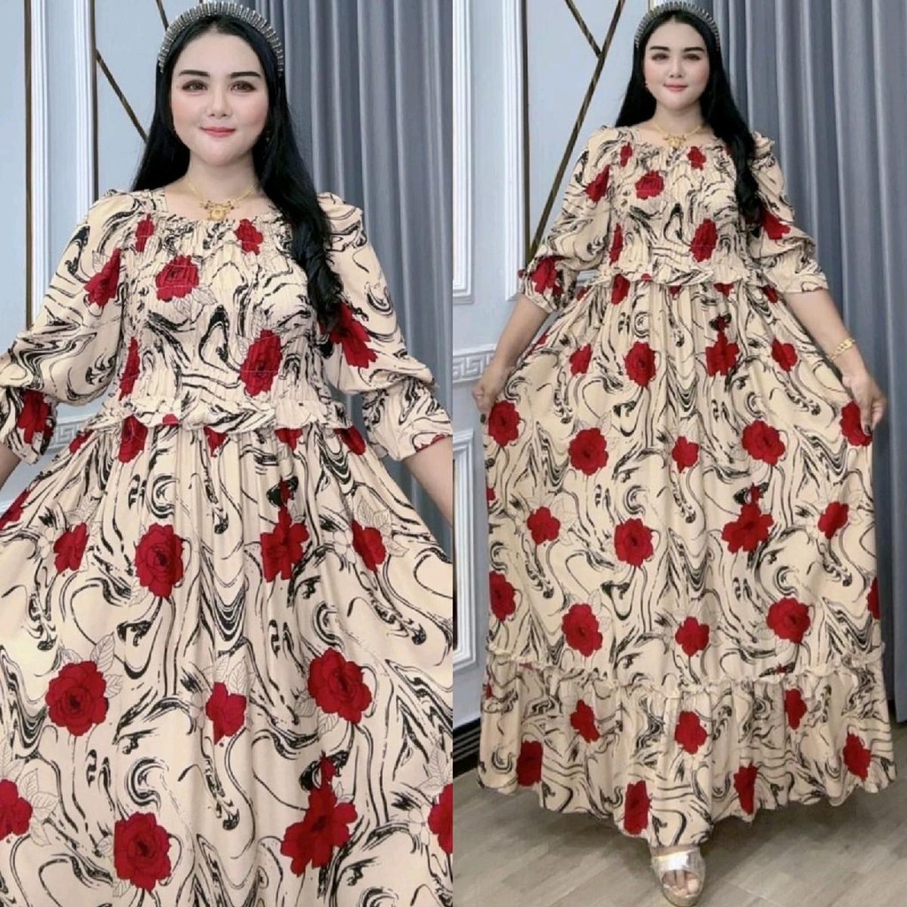 Baju wanita Dress Panjang  Chelsea Semuk Depan-Belakang Lengan 7/8 Katun Rayon