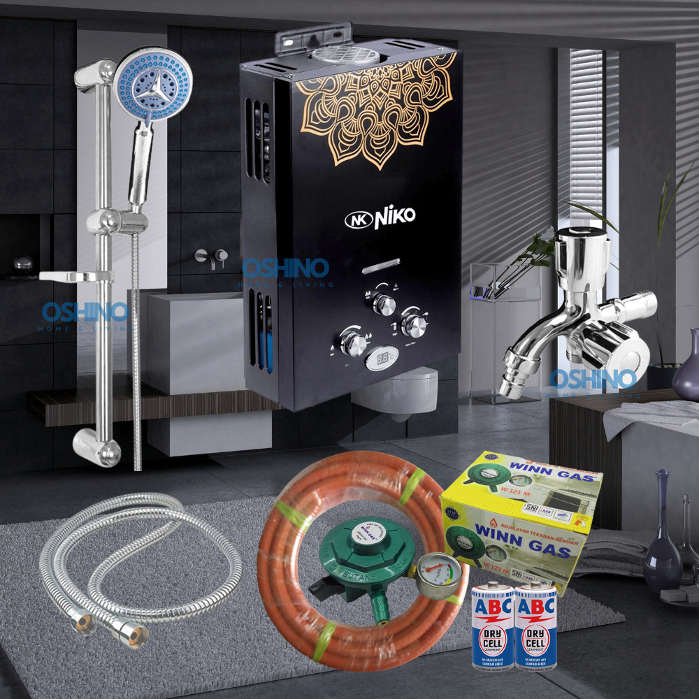 [COD] Paket Komplit Water Heater Gas Niko - Pemanas Air Warna Hitam dengan Set Tiang Shower Stainles