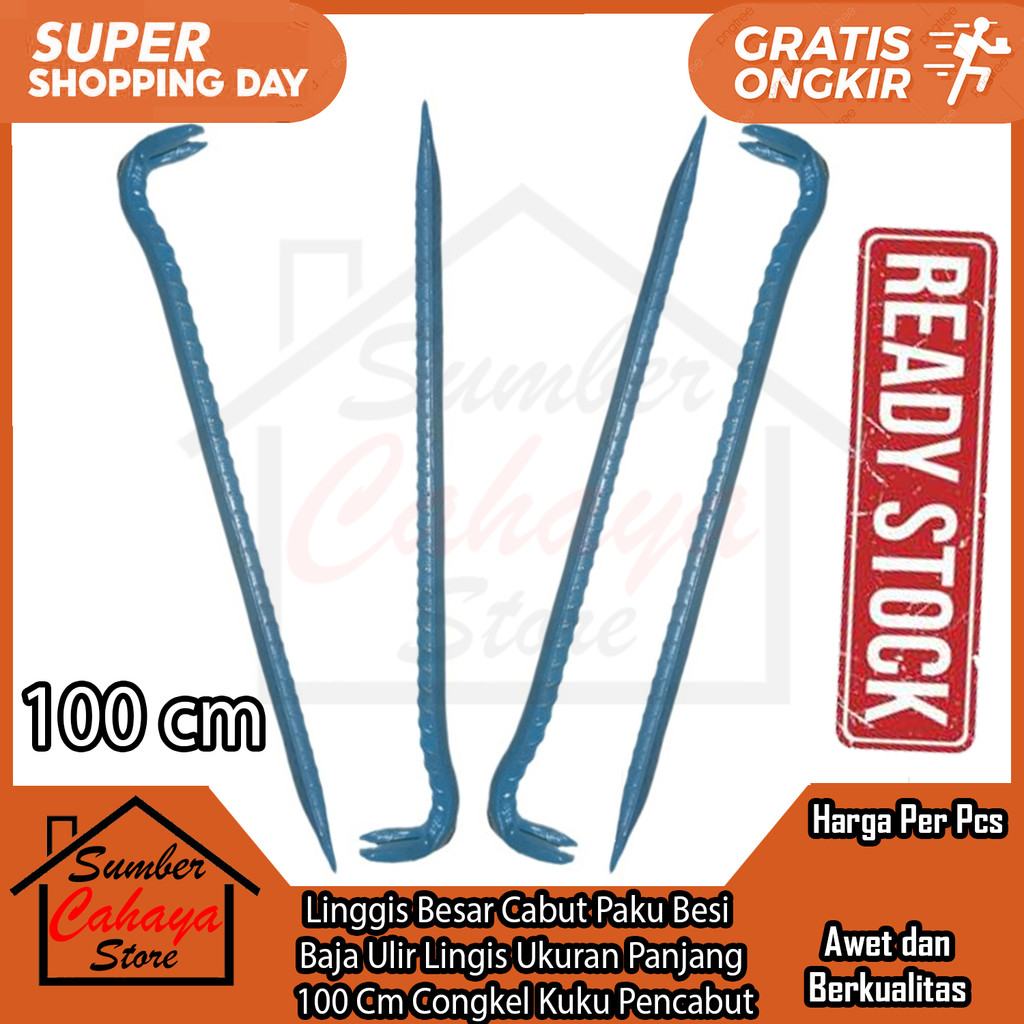 Linggis Besar Cabut Paku Besi Baja Ulir Lingis Ukuran Panjang 100 Cm Centimeter Sentimeter Lengges C
