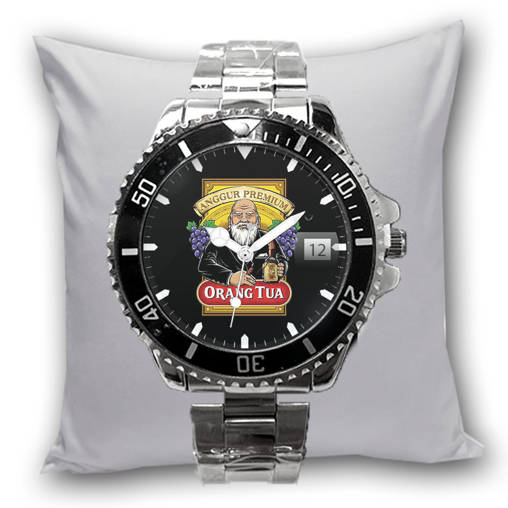 Jam Tangan Pria ORANG TUA ANGGUR MERAH Tanggal Stainless Steel Perak Silver  Dewasa Custom Terlaris 