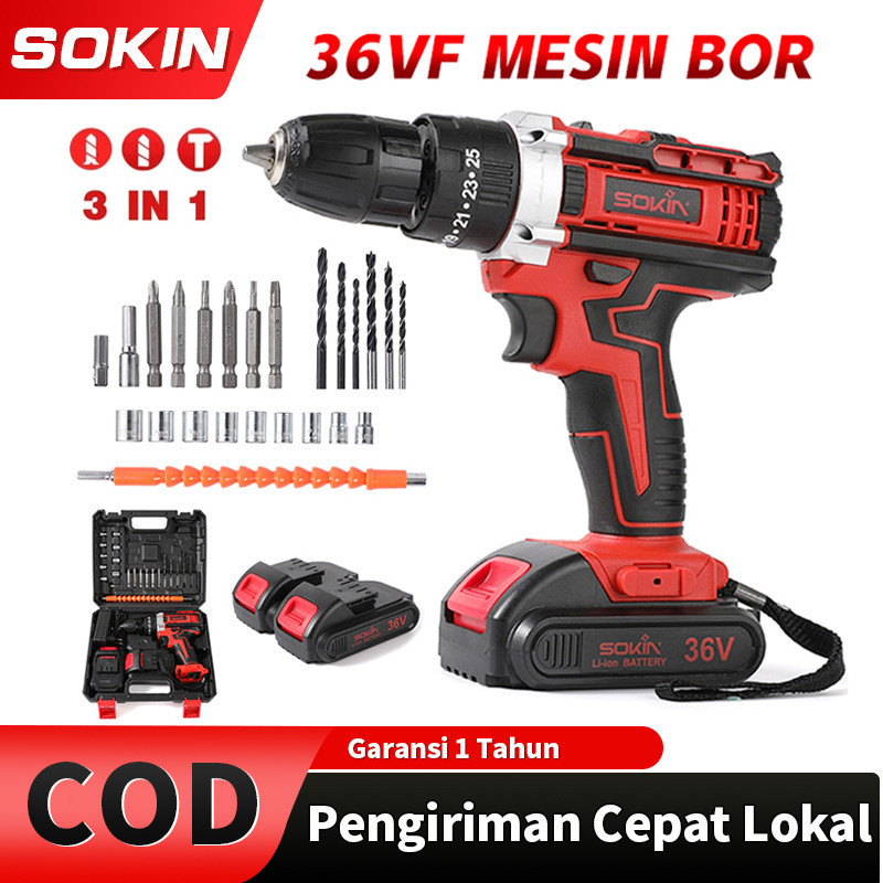 BISA COD! 36vf Mesin bor 2baterai cas 10mm bor listrik murah bor tangan baterai besi tembok Beton
