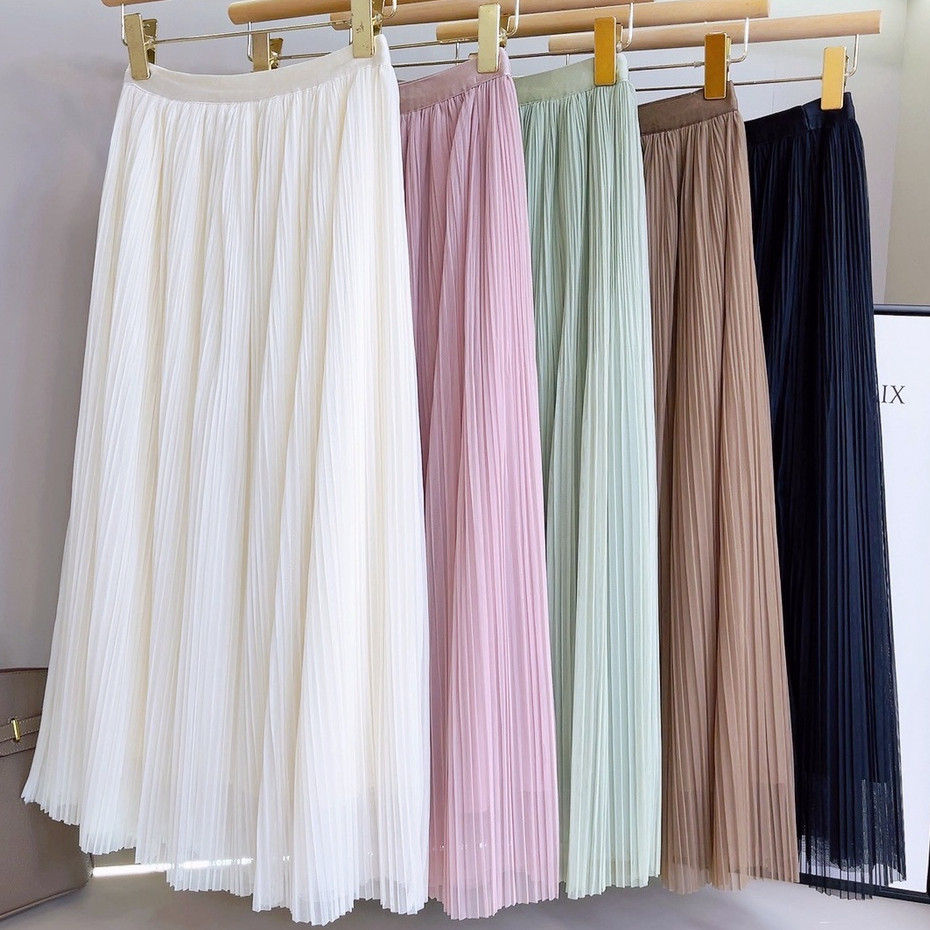 [HOT ITEM] 3 Layers  rok tutu lipit gaya Korea baru rok panjang jala Kenakan jilbab untuk memilih 90