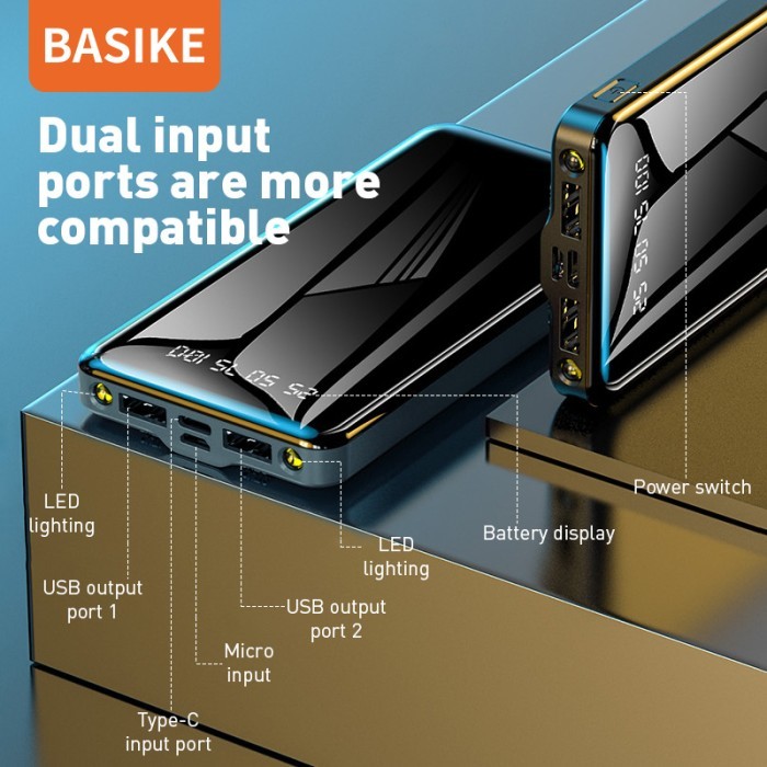 BEST -Powerbank 10000mah BASIKE asli Dengan lampu LED ganda - Putih