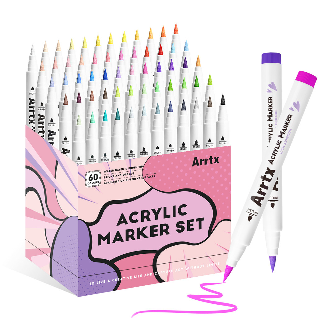 

Arrtx 60 Colors Paint Markers Paint Pens, Acrylic Markers Brush Tip for Rock Painting, Wood, Canvas, DIY Crafts Making