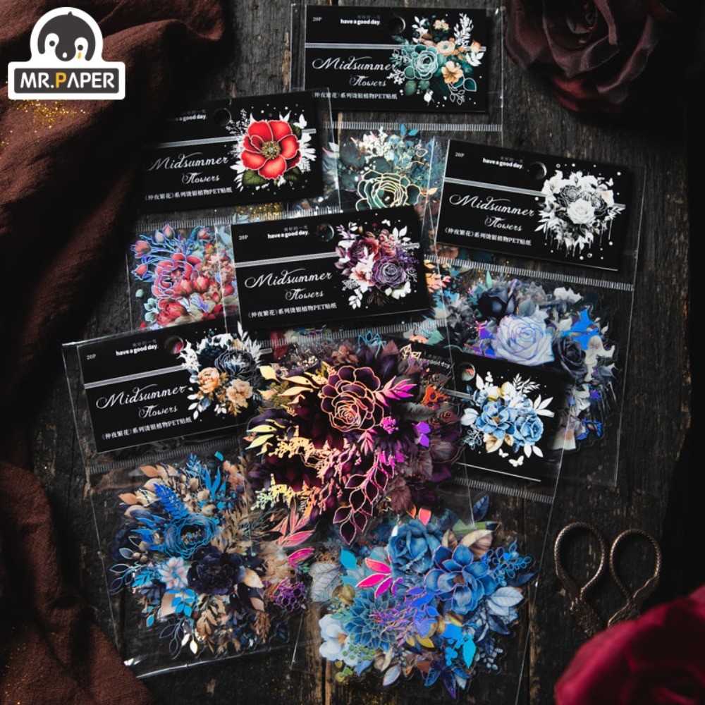 

Mr. Paper Vintage Flower PET Sticker Laser Sparkling Flower Handbook DIY Material Decoration Sticker Stationery 20pcs/pack