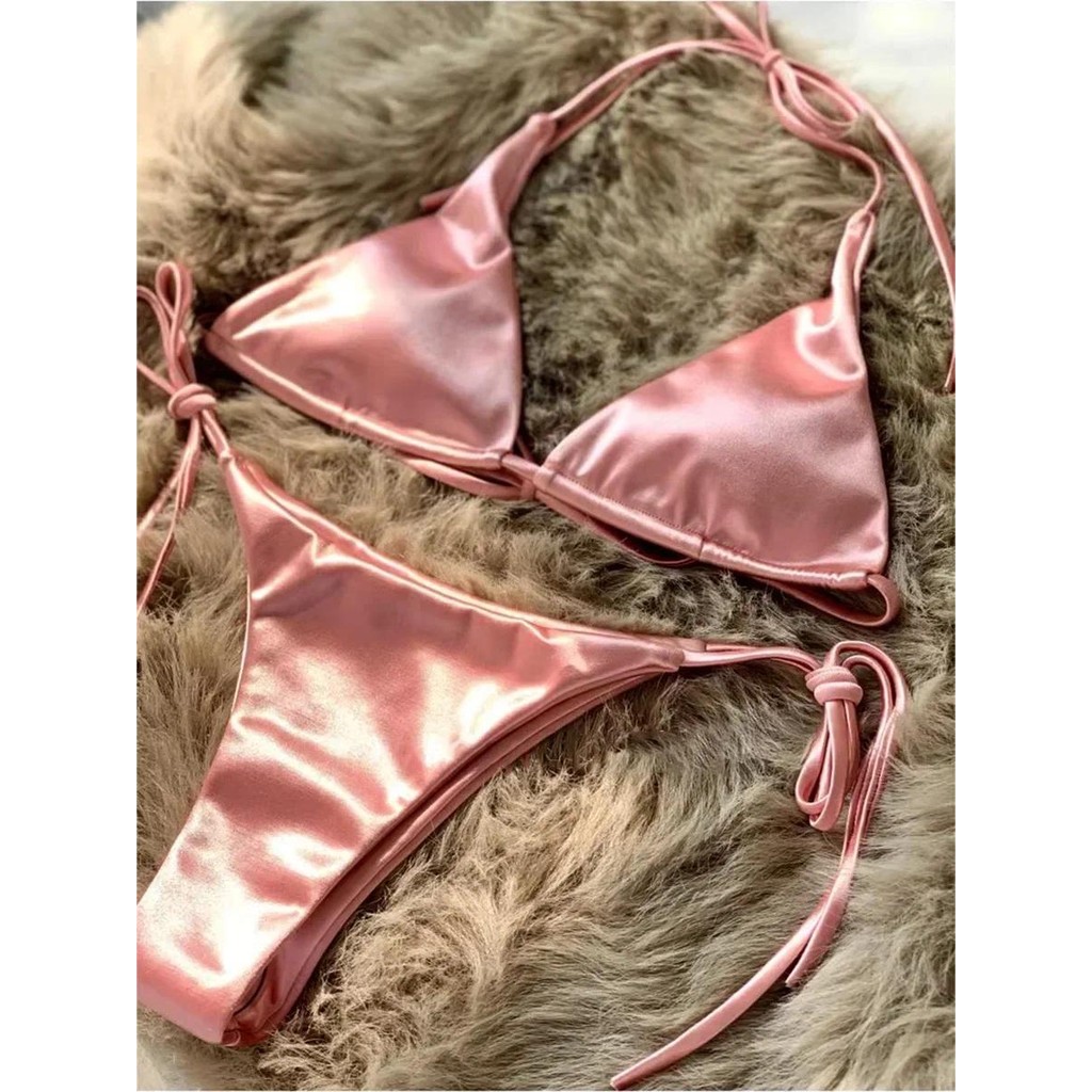 Halter Brazilian Metallic Satin Bikini Women Swimwear Female Swimsuit Two-pieces Bikini Set High Cut