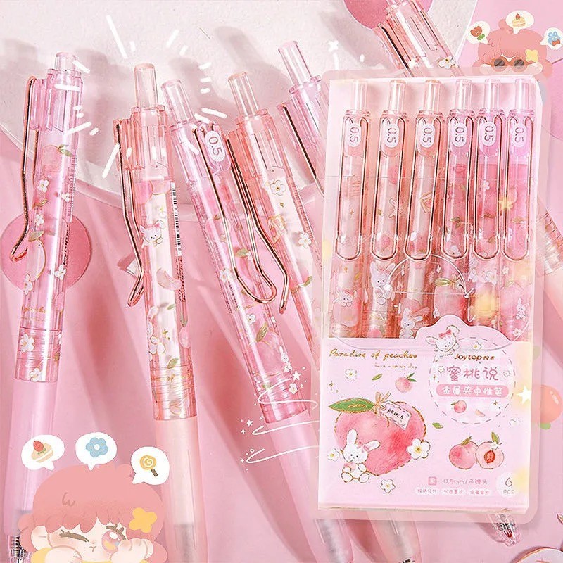 

6Pcs/Set Gel Pen Small Fresh Peach 0.5mm Press Gel Pens Writing Pen for School Office Supplies Student Kawaii Stationary