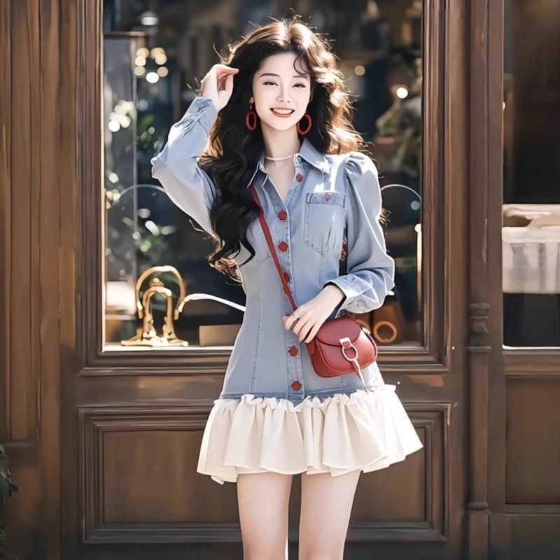 25-09515 Terusan Wanita. Women's Lapel Long-Sleeve Denim Splicing Ruffled Hem Dress