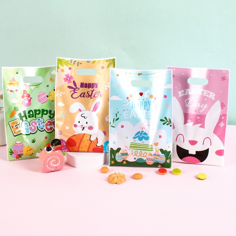 

10/20/50pcs Happy Easter Gift Bags, Colorful Easter Bunny Egg Plastic Goody Candy Bags for Kids Eggs Hunt, Easter Party Supplies