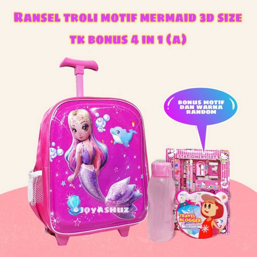 DOMOR_SHOP Tas Troli Anak TK Mermaid Paket Lengkap - Tas Anak Perempuan 3D -  Tas Koper Anak TK - Ta