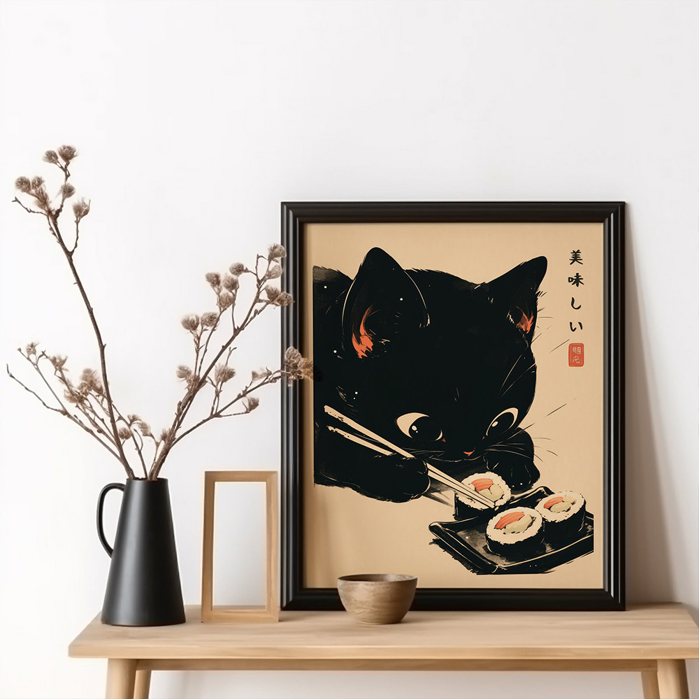 

Retro Cute Animals Food Japanese Sushi Chef Black Cat Tokyo Prints and Posters Wall Art Pictures for Room Kitchen Bar Home Decor