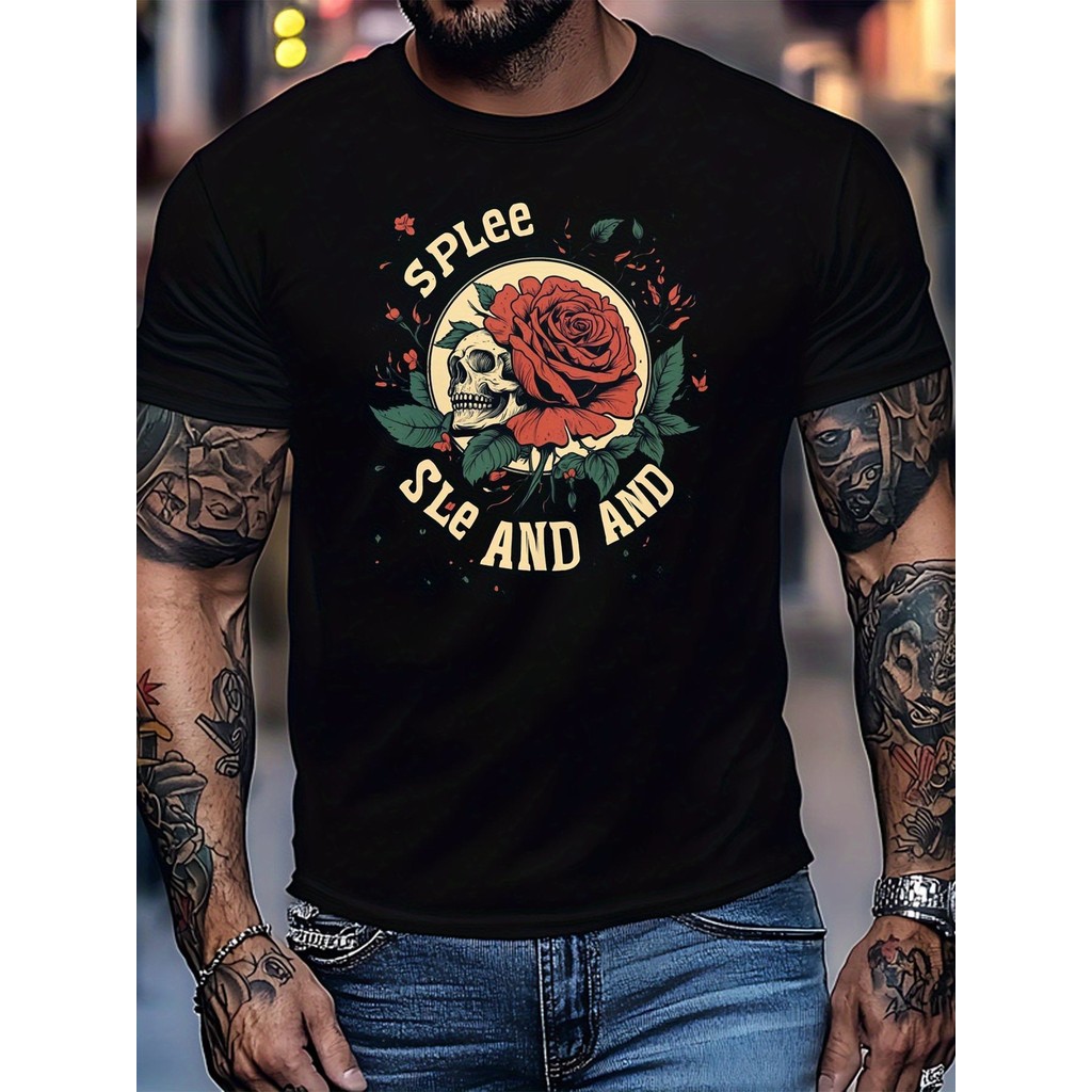 Kaos Pria Tato Tengkorak Mawar Cinta Kematian 220G - Lengan Pendek Hitam Gambar Unik untuk Gaya Musi