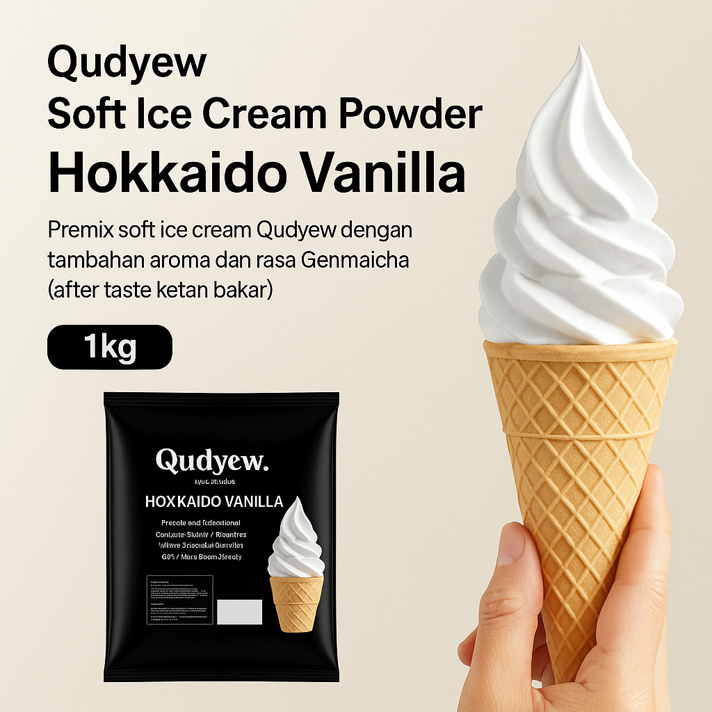 

Qudyew Hokkaido Vanilla Soft Ice Cream 1kg – Bubuk Es Krim Lembut Rasa Ketan Bakar– Genmaicha Aroma – Es Krim Lembut Premium
