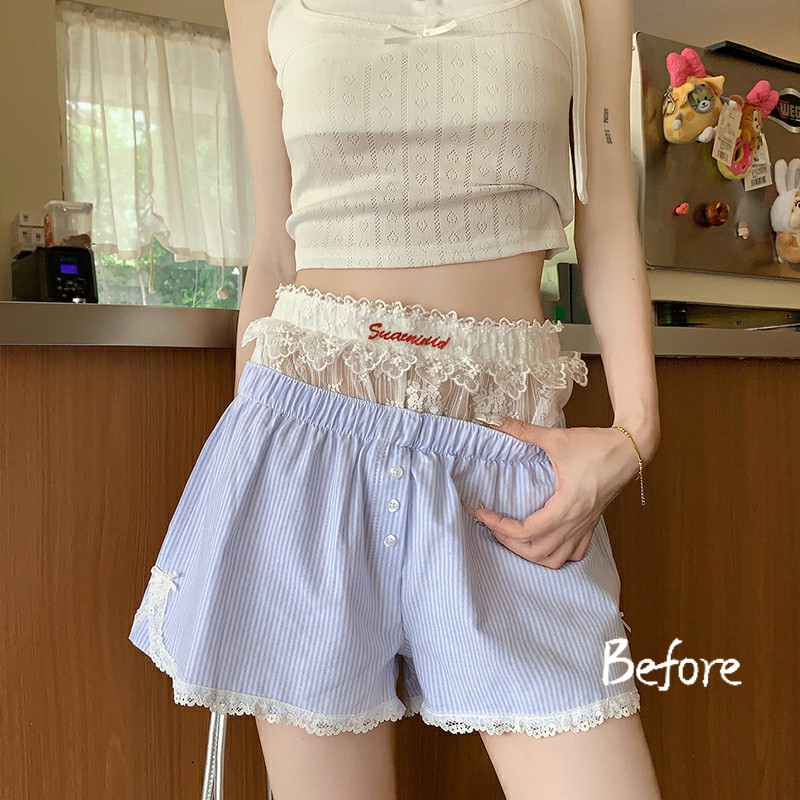 Celana Pendek Kaki Lurus  Celana Pendek Seksi Modis Wanita Celana Pendek Bottoming Bordir Renda BF