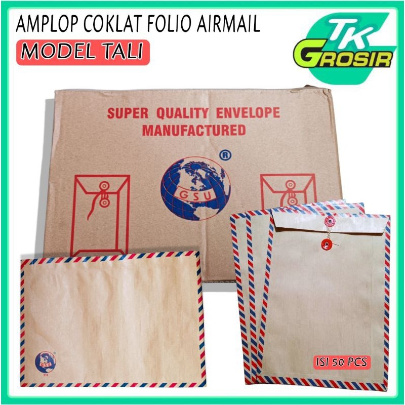 

[50 Pcs] Amplop Folio Coklat Airmail Model Tali/Amplop Folio Coklat/Amplop Lamar Kerja